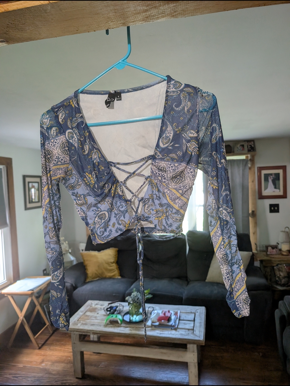 Windsor Blue Paisley Lace-Up Long Sleeve Cropped Top